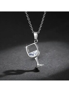 Wine Glass Pendant Necklace Zircon Crystal in Silver Color